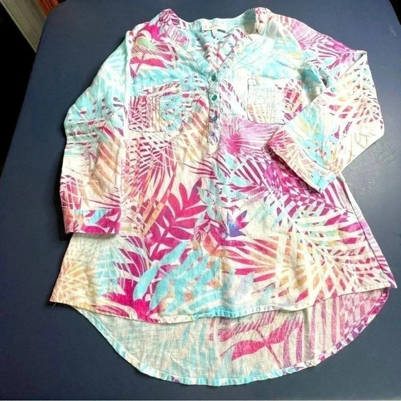 Coral Bay Women’s Pastel Blouse Small Blue Pink Hi Low Half Button Long Sleeved - Picture 3 of 15
